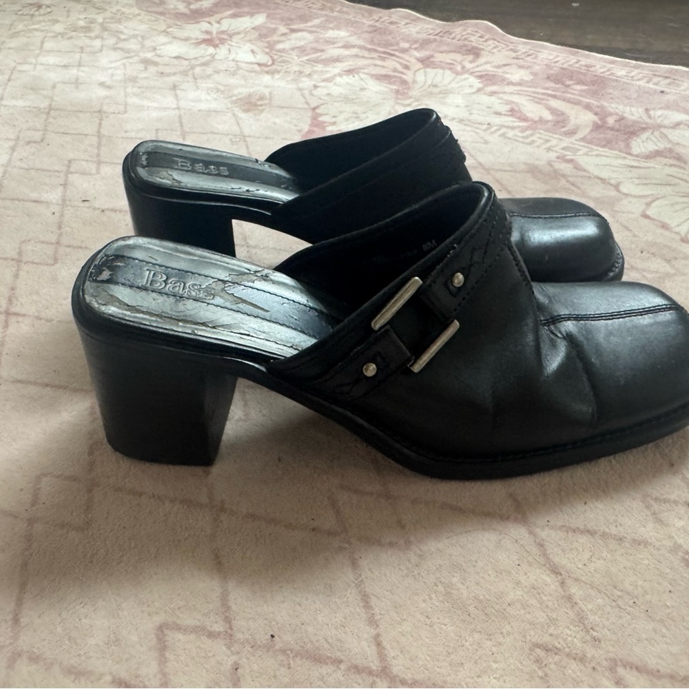 Bass Black Leather Buckle Slip-On Block Heel Mules